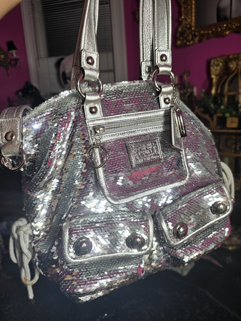 Coach Silver Sequin Shoulder Bag with Metallic Trim Spotlight Poppy Y2k - Picture 16 of 16